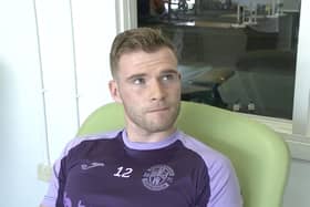 Hibs defender Chris Cadden speaks to Sky Sports as he receives treatment on an Achilles injury at the club's Ormiston training base. Picture: Sky Sports/Contributed