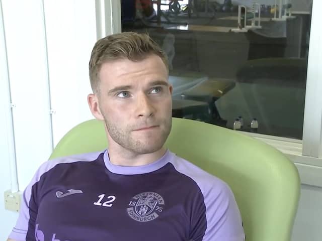 Hibs defender Chris Cadden speaks to Sky Sports as he receives treatment on an Achilles injury at the club's Ormiston training base. Picture: Sky Sports/Contributed