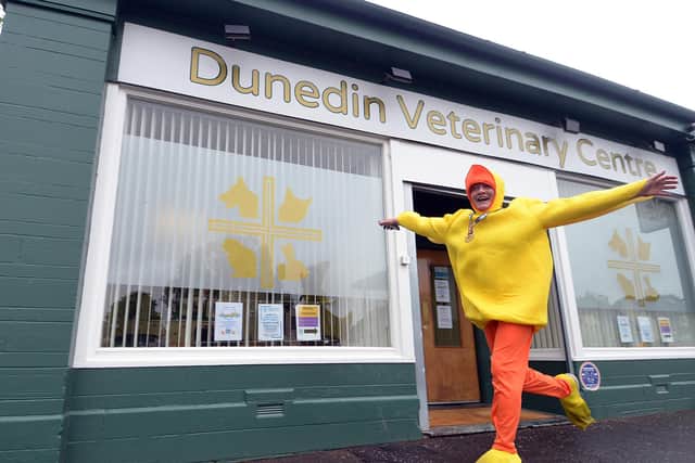 Margot Hunter donned the fancy dress outfit to promote a duck race the practice is organising to raise funds for The Cinnamon Trust.