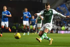 Josh Campbell shaved the post with this left-foot strike and was Hibs´ best player on the night against Rangers. Picture: Craig Foy / SNS