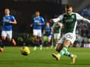 Josh Campbell shaved the post with this left-foot strike and was Hibs´ best player on the night against Rangers. Picture: Craig Foy / SNS