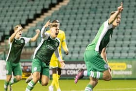 Ethan Laidlaw celebrates scoring the only goal of the game from the penalty spot as Hibs defeat Nantes in the first leg of their Uefa Youth League clash. Picture: Contributed