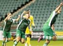 Ethan Laidlaw celebrates scoring the only goal of the game from the penalty spot as Hibs defeat Nantes in the first leg of their Uefa Youth League clash. Picture: Contributed