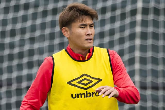 Kyosuke Tagawa during Hearts training on Friday morning. Picture: SNS