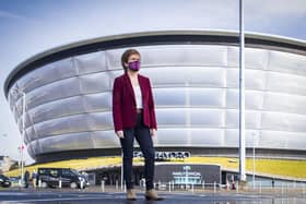 First Minister Nicola Sturgeon, leader of the Scottish National Party, outside the Covid 19 vaccination centre at the SSE Hydro in Glasgow while on the campaign trail for the Scottish Parliamentary election. Picture: Jane Barlow/PA Wire