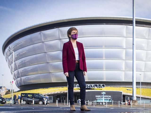 First Minister Nicola Sturgeon, leader of the Scottish National Party, outside the Covid 19 vaccination centre at the SSE Hydro in Glasgow while on the campaign trail for the Scottish Parliamentary election. Picture: Jane Barlow/PA Wire