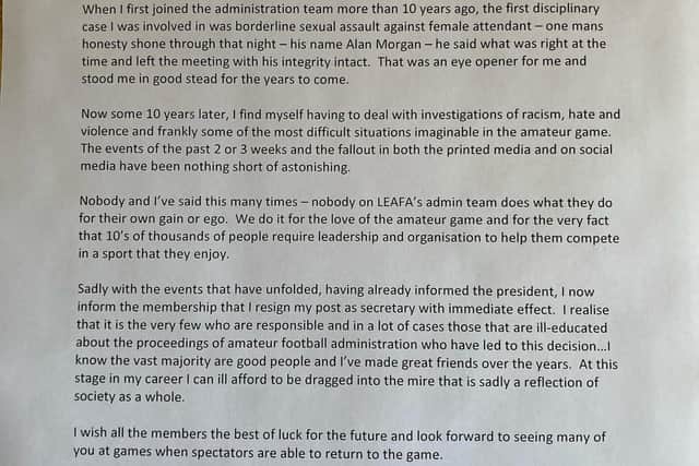 Letter from former LEAFA secretary Chris Lowrie.