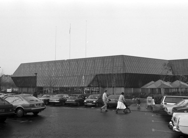 Exterior and car park of Edinburgh shopping centre Cameron Toll in December 1985.