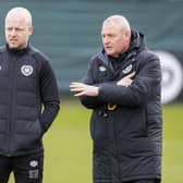 Hearts interim manager Steven Naismith stands alongside youth academy director Frankie McAvoy.