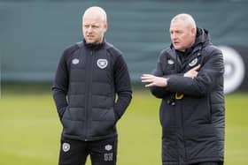 Hearts interim manager Steven Naismith stands alongside youth academy director Frankie McAvoy.