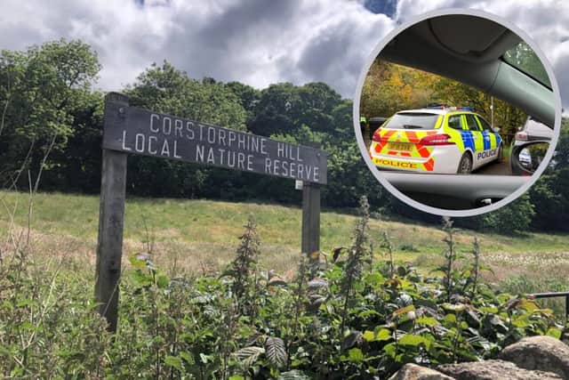 Corstorphine Hill in Edinburgh, and a picture of a police car at the scene on Tuesday when investigations were being carried out picture: JPI Media
