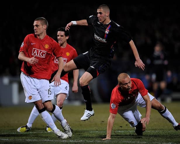 Karim Benzema scores for Lyon against Manchester United in the last 16 of the Champions League in 2008. This was the last competitive tie between the clubs, which United won 2-1 on aggregate. Picture: Getty