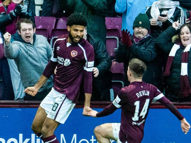 Ellis Simms celebrates his first Hearts goal with Cammy Devlin.