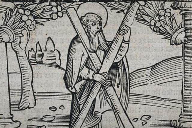 A depiction of Saint Andrew carrying his crucifix, a symbol which became the Scottish saltire flag