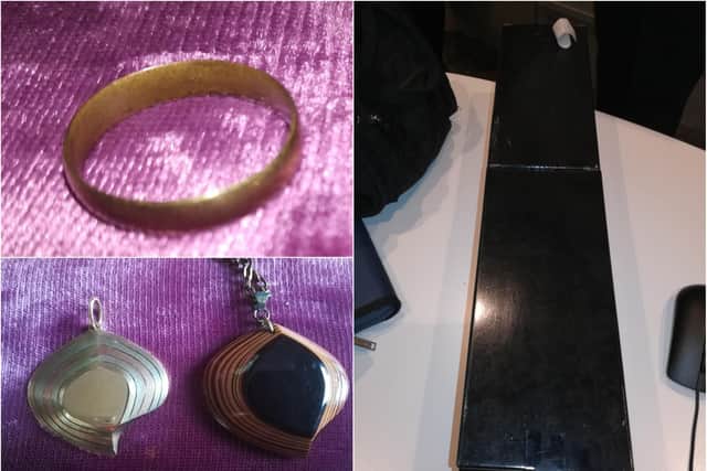 Carole's great-grandmother's wedding ring, made from the gold and copper mines in Australia/ The gold pendant her grandparents commissioned for her mother (and the item it was copied from)/ The safe deposit box which was found by RBS staff after Carole complained about it going missing.