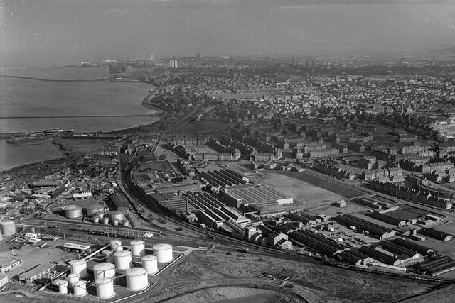 Aerial view centring on Granton Wire Works, 1963.