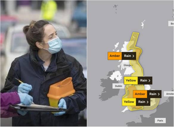 A nurse and volunteer talk to patients in their vehicle at one of the new the drive-thru flu clinics at Little France, Edinburgh/ Heavy rain is forecast across the UK on Saturday. Pic: Met Office