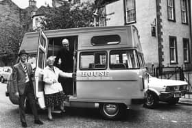 Pensioners arrive on a mini bus to Dalry House at Orwell Place, Edinburgh in August 1981.