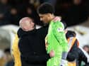 Livingston manager David Martindale embraces Shamal George at full time after the goalkeeper's fantastic performance. Picture: Paul Devlin / SNS