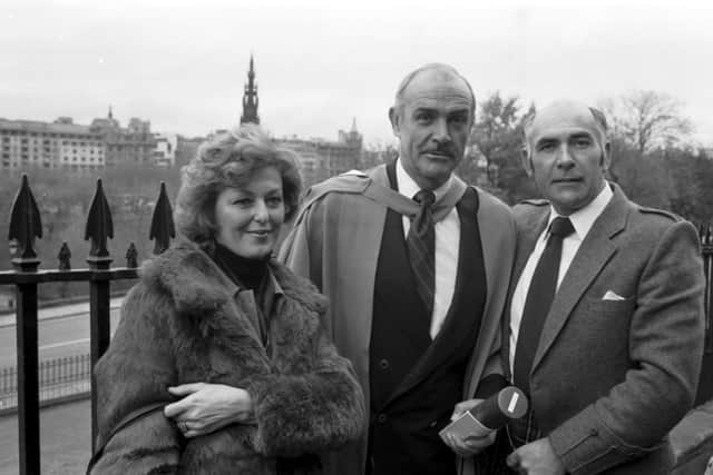 Scottish actor Sean Connery, with his brother Neil Connery and Neil's wife Eleanor Connery, after receiving his honorary degree from Heriot-Watt university in November 1981.