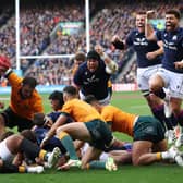 Celebrations as Hamish Watson scores a first half try for Scotland. Picture: Craig Williamson / SNS Group