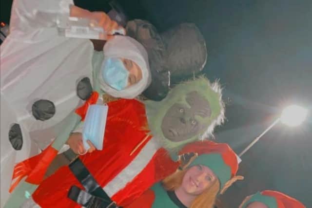 Sammie 'Snowman' Halliday, Kelly Dillon as the Grinch, Cerys and Demi Wilson as Santa's little helpers.