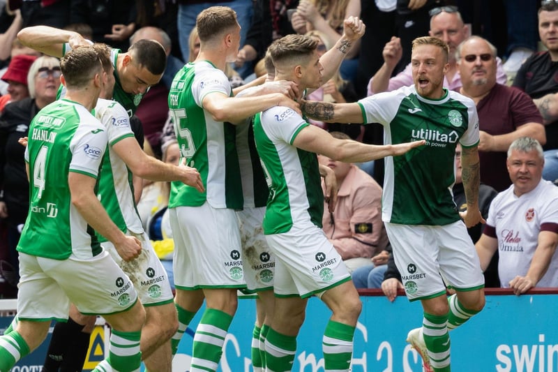 The Hibs players celebrate after Nisbet makes it 1-1 against 10-man Hearts