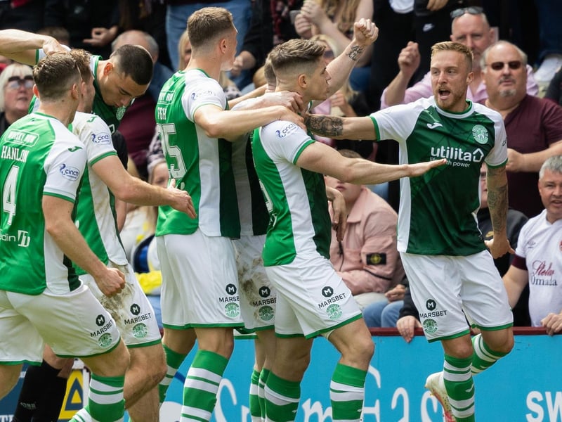 The Hibs players celebrate after Nisbet makes it 1-1 against 10-man Hearts