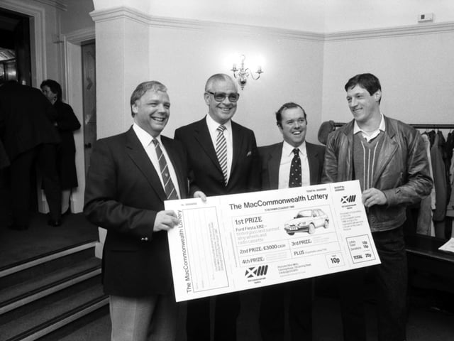 Edinburgh businessman Wallace Mercer, former Lord Provost Kenneth Borthwick, Alan Grosset and athlete Allan Wells launch the MacCommonwealth Lottery, a fundraiser for the Commonwealth Games in 1986. Year: 1986.