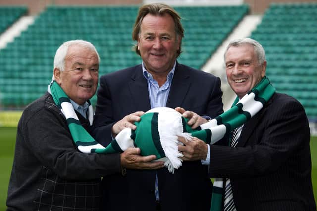 Jimmy O'Rourke, left, with Alan Rough and Eric Stevenson  after it was announced all three former players would be inducted into the Hibernian Hall of Fame. Picture: SNS