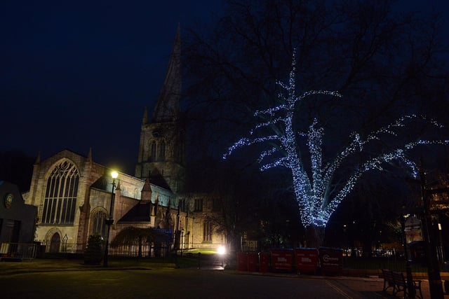 Christmas lights near the Crooked Spire.