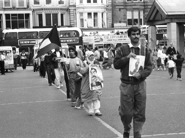 Kuwaitis demonstrate in Edinburgh over Saddam Hussein's invasion of Kuwait in August 1990.
