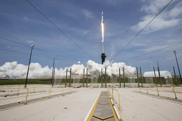A SpaceX Falcon 9 rocket carrying the Crew Dragon spacecraft is launched on a mission to the International Space Station at Nasa's Kennedy Space Center in Cape Canaveral, Florida. (Bill Ingalls/Nasa via AP)