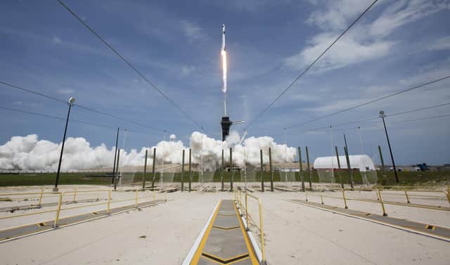 A SpaceX Falcon 9 rocket carrying the Crew Dragon spacecraft is launched on a mission to the International Space Station at Nasa's Kennedy Space Center in Cape Canaveral, Florida. (Bill Ingalls/Nasa via AP)