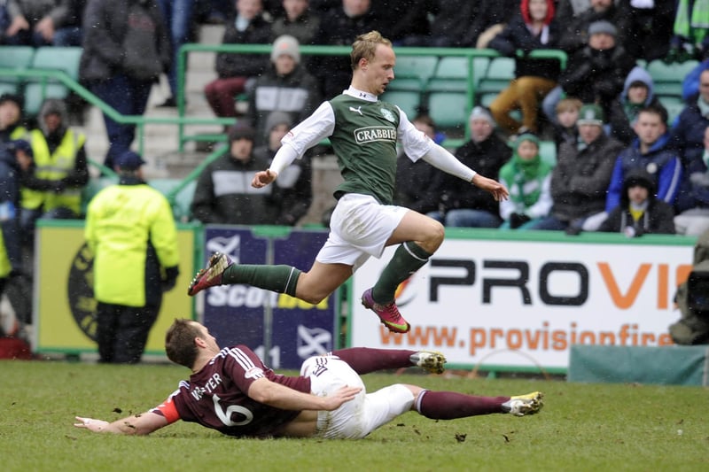The classic Hibs 'bottle green' home top, a shade of green preferred by many Hibbys given the early Hibs strips were a dark green. Leigh Griffiths is pictured wearing it in an Edinburgh derby against Hearts at Easter Road.
Pic Greg Macvean 10/03/2013.