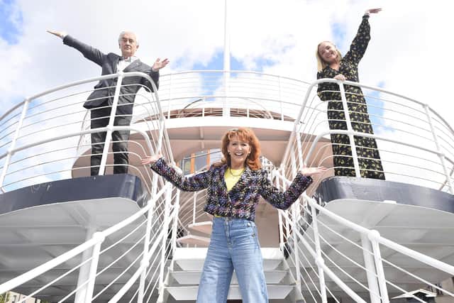 The stars of Anything Goes, Bonnie Langford, Kerry Ellis and Denis Lawson, aboard the Ocean Mist at The Shore, Leith   Pic:  Greg Macvean