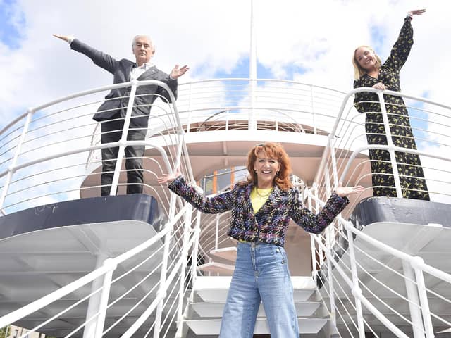 The stars of Anything Goes, Bonnie Langford, Kerry Ellis and Denis Lawson, aboard the Ocean Mist at The Shore, Leith   Pic:  Greg Macvean