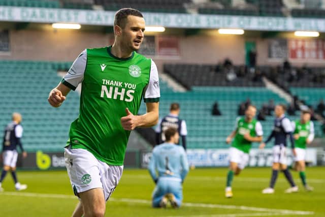 Jamie Murphy booked Hibs' passage into the next round with his winner against Dundee. Picture: SNS