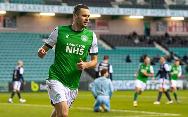 Jamie Murphy booked Hibs' passage into the next round with his winner against Dundee. Picture: SNS