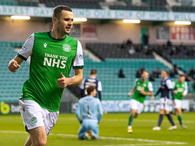 Jamie Murphy booked Hibs' passage into the next round with his winner against Dundee. Picture: SNS