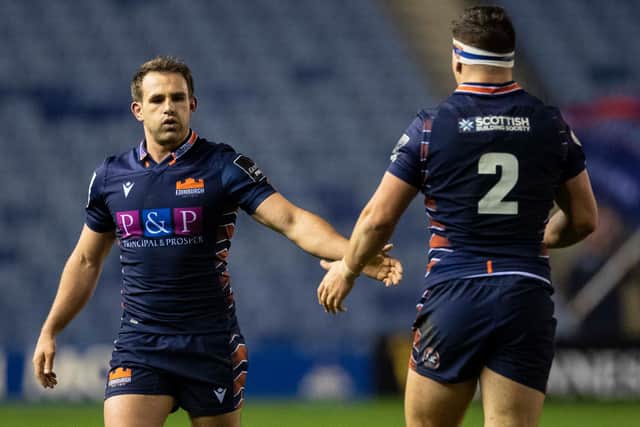 Edinburgh's Mike Willemse (right) celebrates his try with Nic Groom.