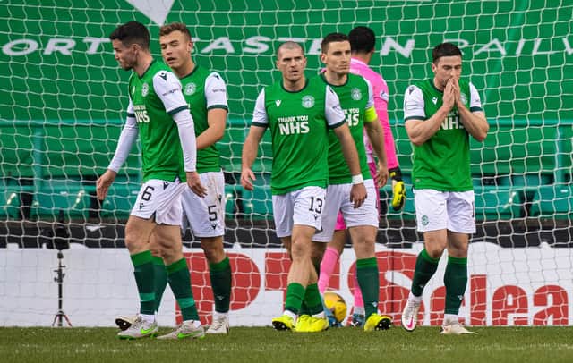 Hibs players react after conceding in the 3-0 defeat to Livingston at Easter Roard on Saturday. (Photo by Ross MacDonald / SNS Group)