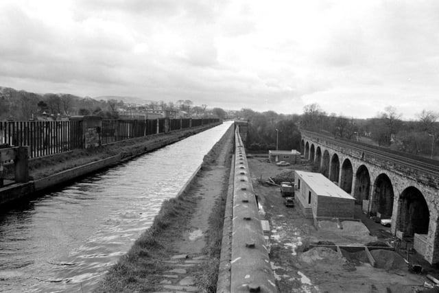 A view of the Union Canal aqueduct at Longstone in Edinburgh, looking west along the waterway in April, 1970.