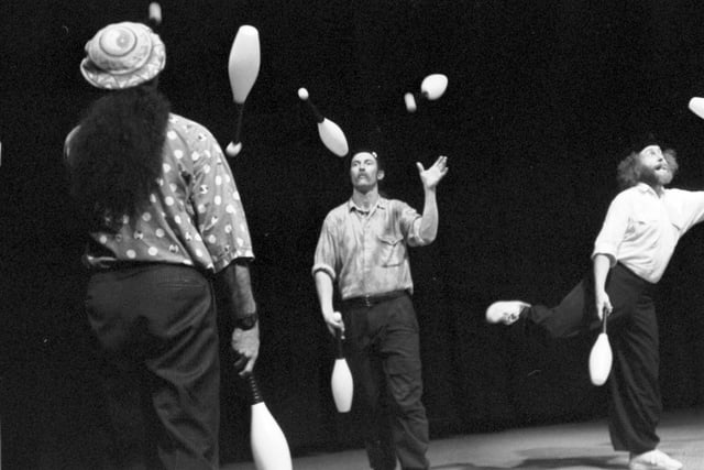 Fringe favourites The Flying Karamazov Brothers perform their comedy/juggling routine at Wester Hailes Education Centre during the Edinburgh Festival in 1990.
