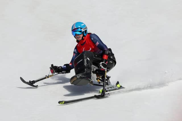 Shona Brownlee of Great Britain competes in the Para Alpine Skiing Women's Super-G Sitting during day two of the Beijing 2022 Winter Paralympics