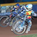 Justin Sedgmen (white) in action for Birmingham last week. Tonight he will guest at No.1 for the Monarchs. Picture: Jack Cupido.