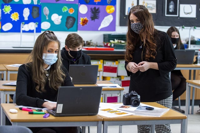 Armadale Academy in West Lothian was 61st in the top 100 Scottish state secondary schools list. The school came joint 42nd for higher results, with 56 per cent of its pupils passing five or more highers. Stock photo by Lisa Ferguson of pupils at Armadale Academy studying during the Covid pandemic.