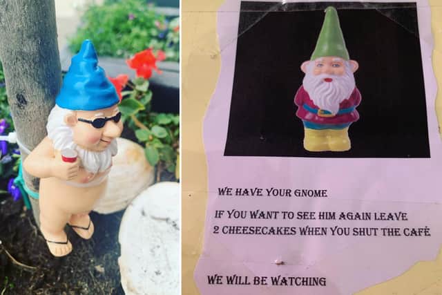 The ransom note sent to Butternut Squash Cafe in Portobello and one of the gnomes that appeared at the cafe overnight pictures: supplied