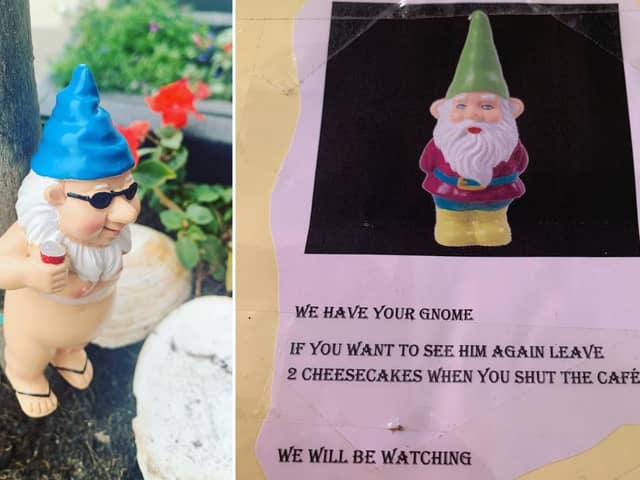 The ransom note sent to Butternut Squash Cafe in Portobello and one of the gnomes that appeared at the cafe overnight pictures: supplied