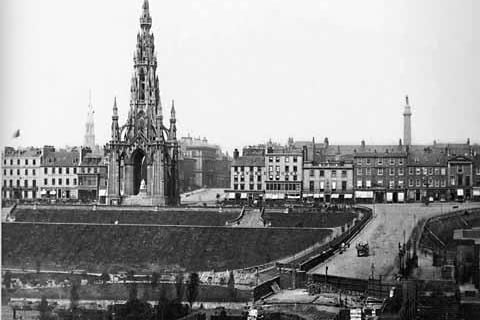 View of the Scott Monument and Princes Street from Edinburgh's Old Town.